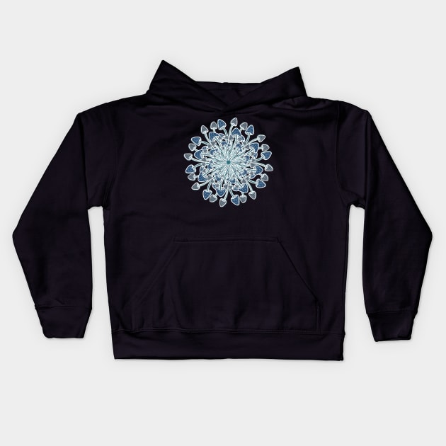 Mushroom mandala in blues and greys with a white glow Kids Hoodie by DaveDanchuk